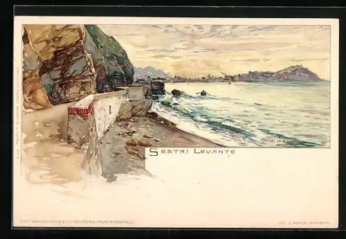 Künstler-Lithographie Manuel Wielandt: Sestri Levante, Blick zum Ort, Ruderboot