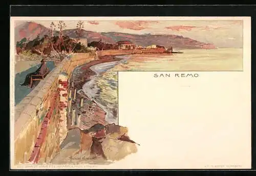 Künstler-Lithographie Manuel Wielandt: San Remo, Küstenpartie