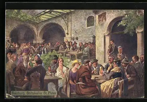 Künstler-AK Salzburg, Gasthaus Stiftskeller St. Peter, Innenansicht