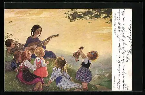 Künstler-AK Franziska Schenkel: Mutter spielt Laute, Mädchen mit Puppe, In der goldnen Abendsonne