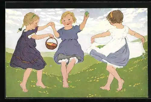 Künstler-AK Franziska Schenkel: Drei tanzende Mädchen auf der Wiese