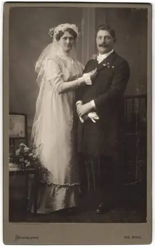 Fotografie Sig Bing, Wien, Hochzeitspaar im Brautkleid und Anzug mit Schleier