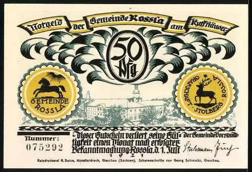 Notgeld Rossla 1921, 50 Pfennig, Kaiser im Schatten, Seriennummer 075292, Wappen der Gemeinde Rossla und Stolberg