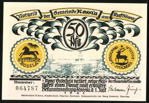 Notgeld Rossla 1921, 50 Pfennig, Schlossszene und Wappen von Rossla und Stolberg, Seriennummer 064787