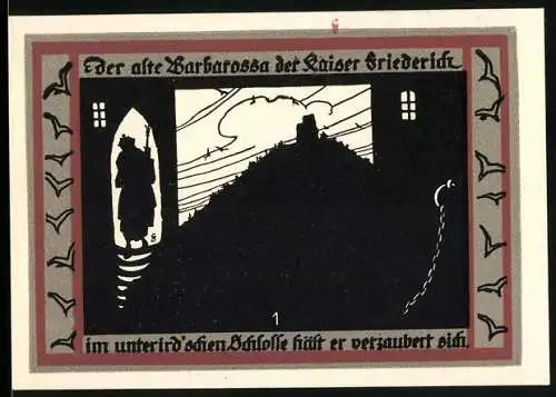 Notgeld Rossla 1921, 50 Pfennig, Barbarossa-Silhouette und Wappen der Gemeinde Rossla und Stolberg, Seriennummer 059742