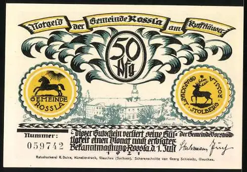 Notgeld Rossla 1921, 50 Pfennig, Barbarossa-Silhouette und Wappen der Gemeinde Rossla und Stolberg, Seriennummer 059742