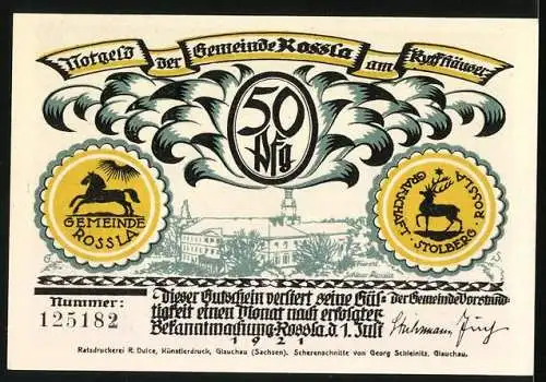 Notgeld Rossla 1921, 50 Pfennig, Silhouette des schlafenden Mädchens, Wappen der Gemeinde und Hirsch von Stolberg