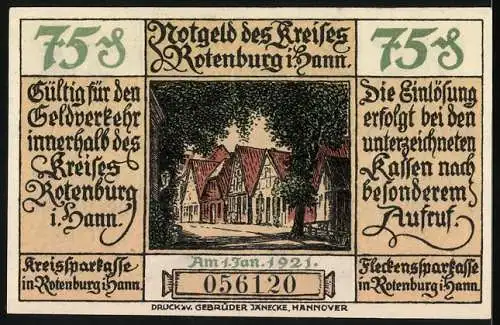 Notgeld Rotenburg 1921, 75 Pfennig, Maurer bei der Arbeit und historische Gebäude, Seriennummer 056120