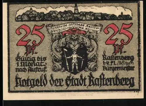 Notgeld Rastenberg 1921, 25 Pfennig, Stadtansicht und Wappen, Tor und Treppe