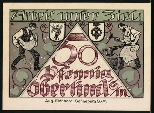 Notgeld Oberlind 1920, 50 Pfennig, Landschaft und arbeitende Männer, Seriennummer 85972, Wappen und Signaturen