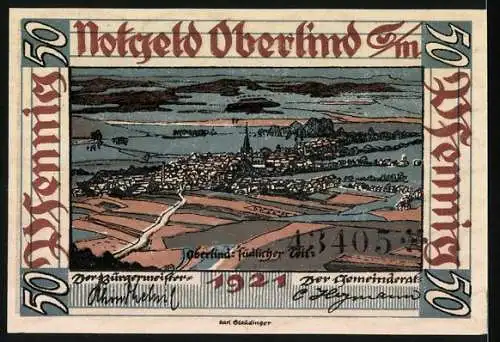 Notgeld Oberlind 1921, 50 Pfennig, Stadtansicht mit Gebäuden und Landschaft