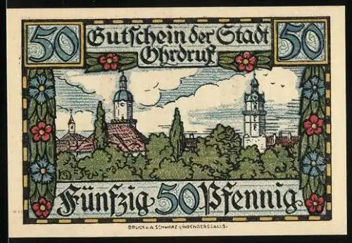 Notgeld Ohrdruf 1921, 50 Pfennig, Stadtansicht mit Türmen und Wappen mit Heiligenfigur