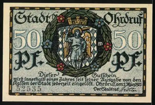 Notgeld Ohrdruf 1921, 50 Pfennig, Stadtansicht mit Türmen und Wappen mit Heiligenfigur