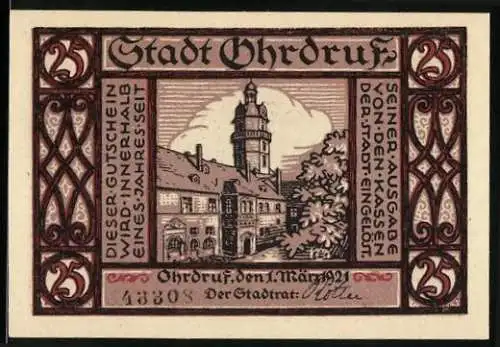 Notgeld Ohrdruf 1921, 25 Pfennig, Stadtansicht mit Turm und Wappen, Seriennummer 43808