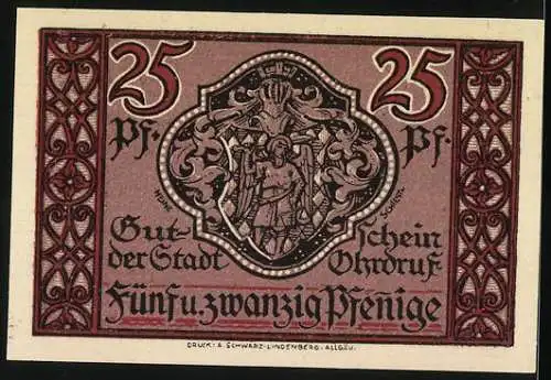 Notgeld Ohrdruf 1921, 25 Pfennig, Stadtansicht mit Turm und Wappen, Seriennummer 43808