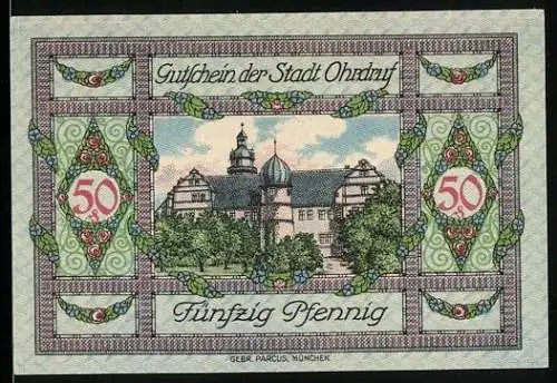 Notgeld Ohrdruf 1921, 50 Pfennig, Gebäude und Wappen, Seriennummer 17825