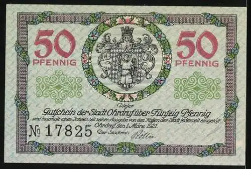 Notgeld Ohrdruf 1921, 50 Pfennig, Gebäude und Wappen, Seriennummer 17825