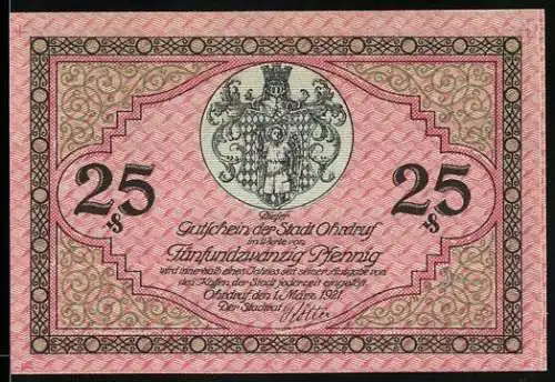 Notgeld Ohrdruf 1921, 25 Pfennig, Stadtwappen und Abbildung der St. Michael Kirche, Seriennummer 28679