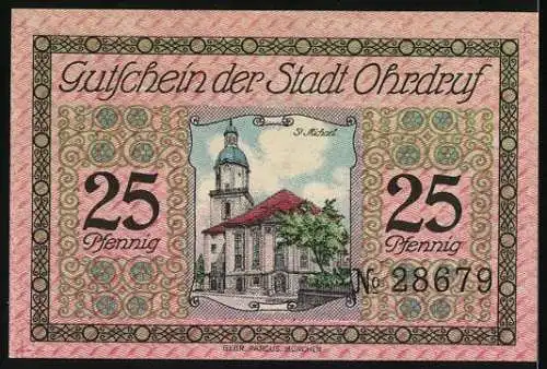 Notgeld Ohrdruf 1921, 25 Pfennig, Stadtwappen und Abbildung der St. Michael Kirche, Seriennummer 28679