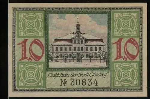 Notgeld Ohrdruf 1921, 10 Pfennig, Stadtgebäude und verschneite Bäume, Seriennummer 30834, Wappen