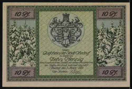 Notgeld Ohrdruf 1921, 10 Pfennig, Stadtgebäude und verschneite Bäume, Seriennummer 30834, Wappen