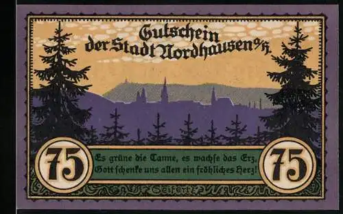 Notgeld Nordhausen 1921, 75 Pfennig, mit Waldlandschaft und Der wilde Mann Motiv