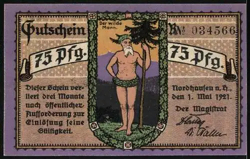 Notgeld Nordhausen 1921, 75 Pfennig, mit Waldlandschaft und Der wilde Mann Motiv