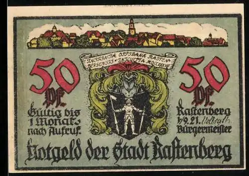 Notgeld Rastenberg 1921, 50 Pf, Stadtansicht und Wappen, Stadttor und Stadtmauer