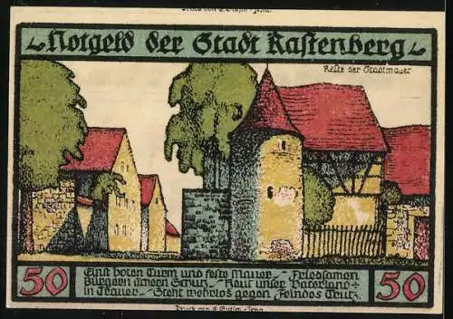 Notgeld Rastenberg 1921, 50 Pf, Stadtansicht und Wappen, Stadttor und Stadtmauer