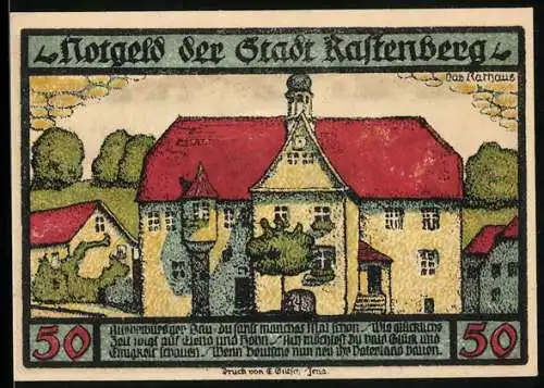 Notgeld Rastenberg 1921, 50 Pfennig, Rathaus und Stadtansicht mit Wappen