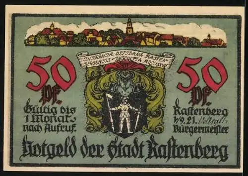 Notgeld Rastenberg 1921, 50 Pfennig, Rathaus und Stadtansicht mit Wappen