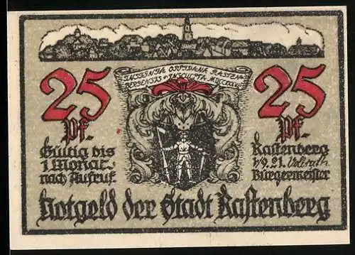 Notgeld Rastenberg 1921, 25 Pfennig, Stadtansicht und Wappen, Gebäude im Hintergrund