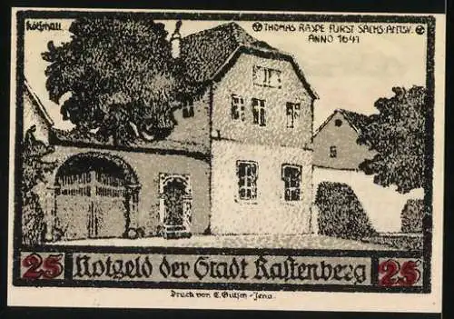 Notgeld Rastenberg 1921, 25 Pfennig, Stadtansicht und Wappen, Gebäude im Hintergrund