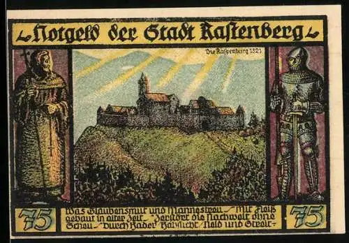 Notgeld Rastenberg 1921, 75 Pfennig, Ritter mit Burg und Wappen, Stadtansicht