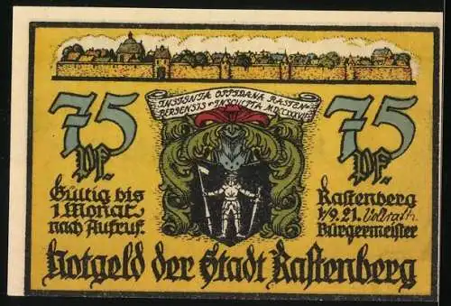 Notgeld Rastenberg 1921, 75 Pfennig, Ritter mit Burg und Wappen, Stadtansicht