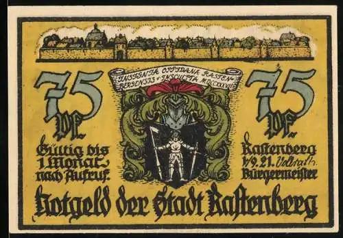 Notgeld Rastenberg 1921, 75 Pfennig, Stadtwappen und Stadtansicht, mittelalterliche Szene mit Soldaten und Brunnen