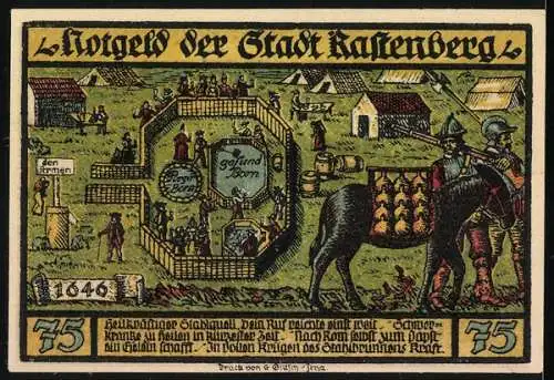 Notgeld Rastenberg 1921, 75 Pfennig, Stadtwappen und Stadtansicht, mittelalterliche Szene mit Soldaten und Brunnen