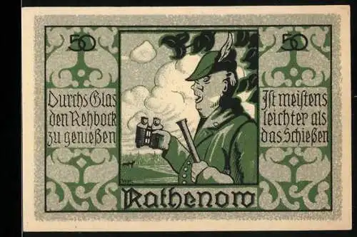 Notgeld Rathenow, 50 Pfennig, Jäger mit Fernglas und Stadtansicht