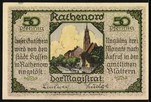 Notgeld Rathenow, 50 Pfennig, Förster mit Lupe und Stadtansicht