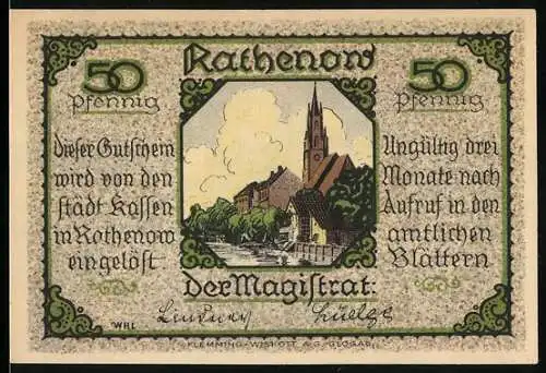 Notgeld Rathenow, 50 Pfennig, Stadtansicht und Reiter mit Lanze