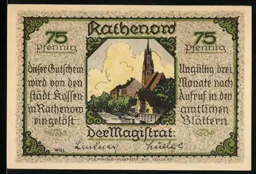 Notgeld Rathenow 1921, 75 Pfennig, Stadtansicht und Reiter auf Pferd