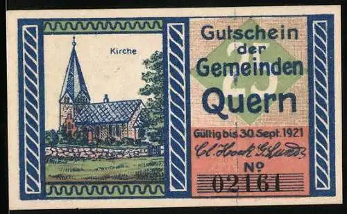 Notgeld Quern 1921, 25 Pfennig, Kirche und Wappen, Seriennummer 02161