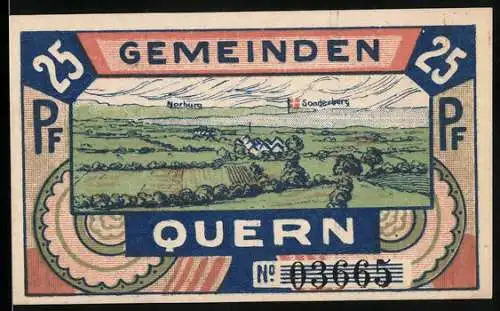 Notgeld Quern 1921, 25 Pfennig, Landschaft und Gebäude mit Gedenkstein, Seriennummer 03665