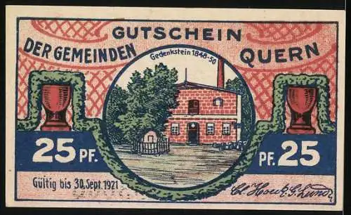 Notgeld Quern 1921, 25 Pfennig, Landschaft und Gebäude mit Gedenkstein, Seriennummer 03665