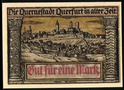 Notgeld Querfurt 1921, 1 Mark, Stadtansicht und Siegel mit Maria und Jesus.