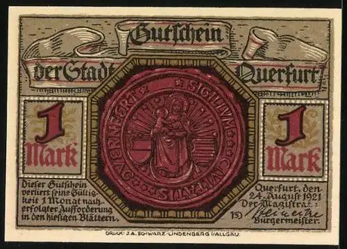 Notgeld Querfurt 1921, 1 Mark, Stadtansicht und Siegel mit Maria und Jesus.