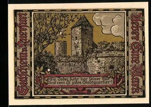 Notgeld Querfurt 1921, 1 Mark, Stadtmauer und Wappen mit Madonna und Kind