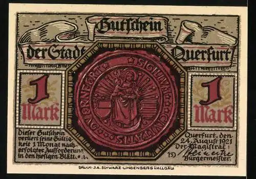 Notgeld Querfurt 1921, 1 Mark, Stadtmauer und Wappen mit Madonna und Kind