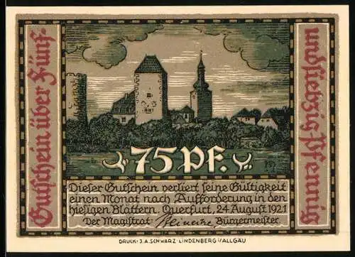 Notgeld Querfurt 1921, 75 Pfennig, Stadtansicht mit Burgturm und Stadtwappen mit Heiligen und Ritter