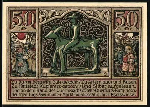 Notgeld Querfurt 1921, 50 Pfennig, Eselreiter-Statue und Madonna mit Kind, Seriennummer und Wappen